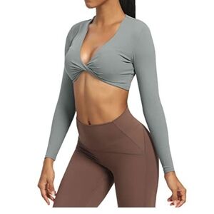 Gray Long Sleeve Yoga Top, Twisted Front, Removable Pads, New, Size S